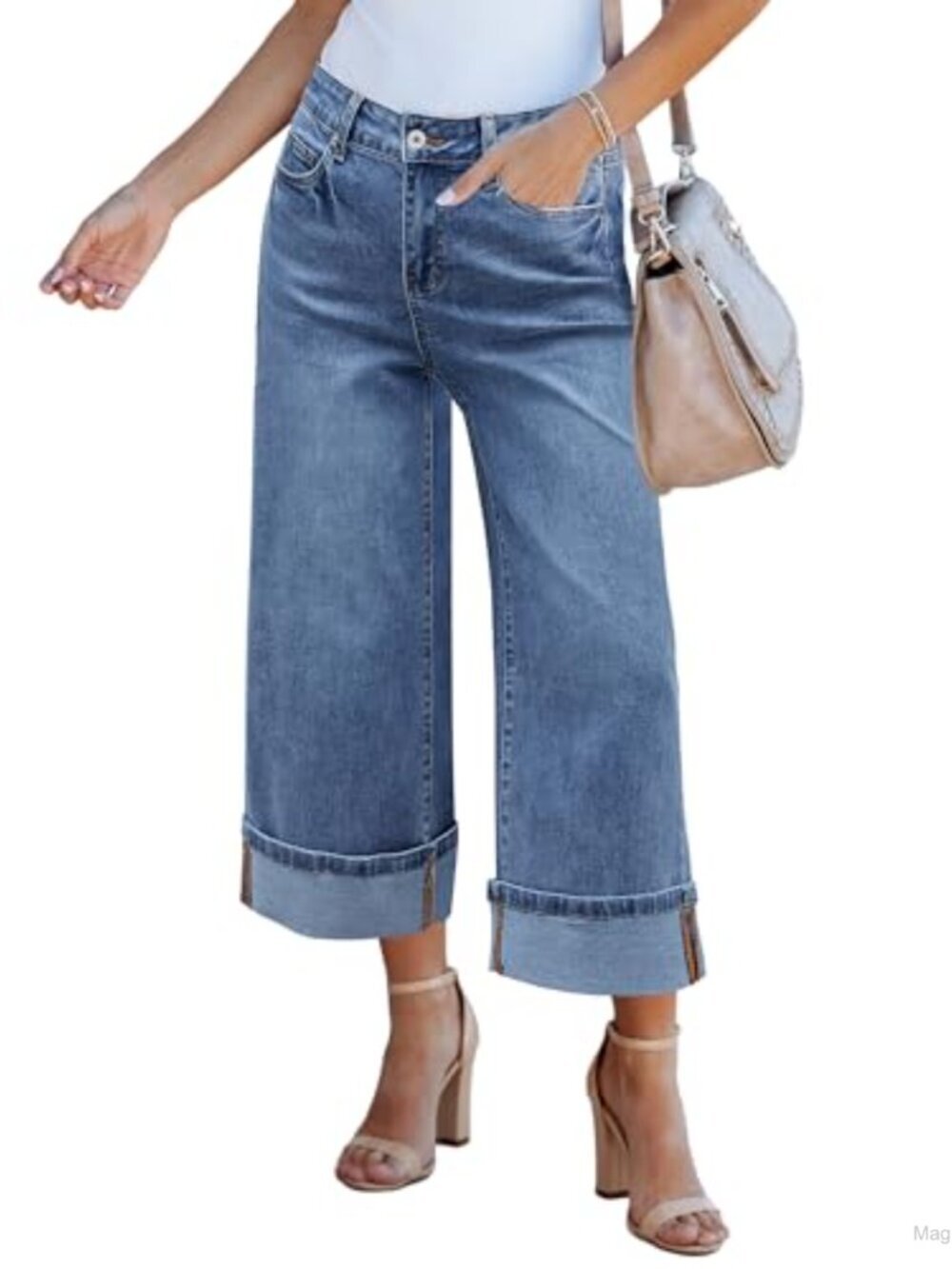 High Waisted Wide Leg Capri Jeans Women Stretchy Denim Cropped Pants